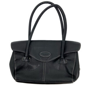 Tig & Co Genuine Pebbled Leather Handbag Double Handle Purse Magnetic Flap Black